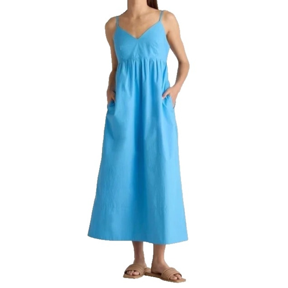 Quince Maxi Dress Organic Cotton Sleeveless V-Neck Blue Pockets